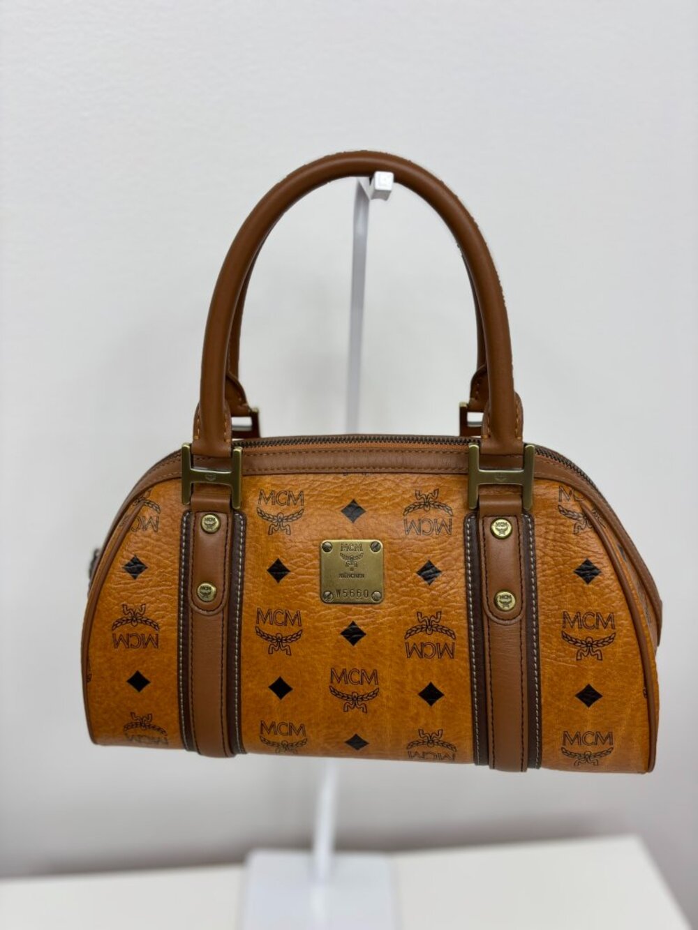 Authentic MCM Visetos Monogram Top-Handle Bowling Bag – Cognac